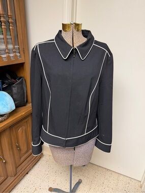 DStudio Black Skirt Suit Set Size 14 White Piping Career Office Jacket & Skirt